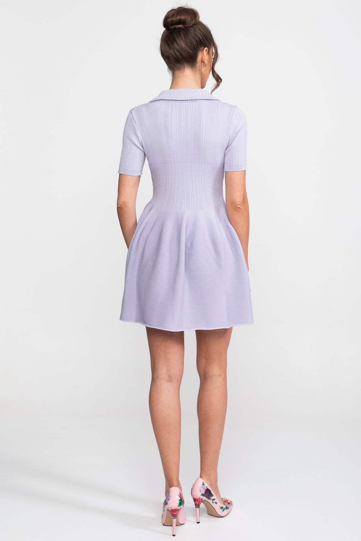 Ribbed Knit Polo Collar Short Sleeve Fit and Flare Mini Dress 6