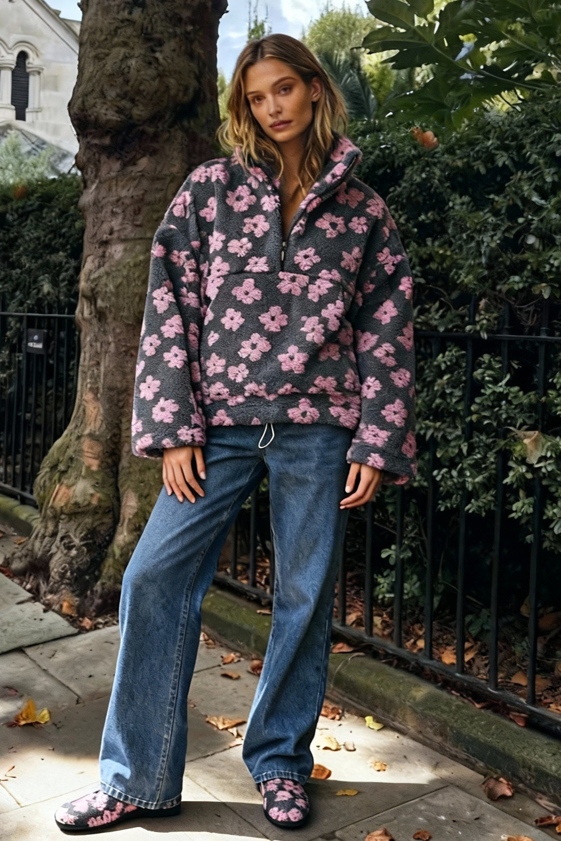Floral Fleece Half Zip Stand Collar Oversized Sweatshirt