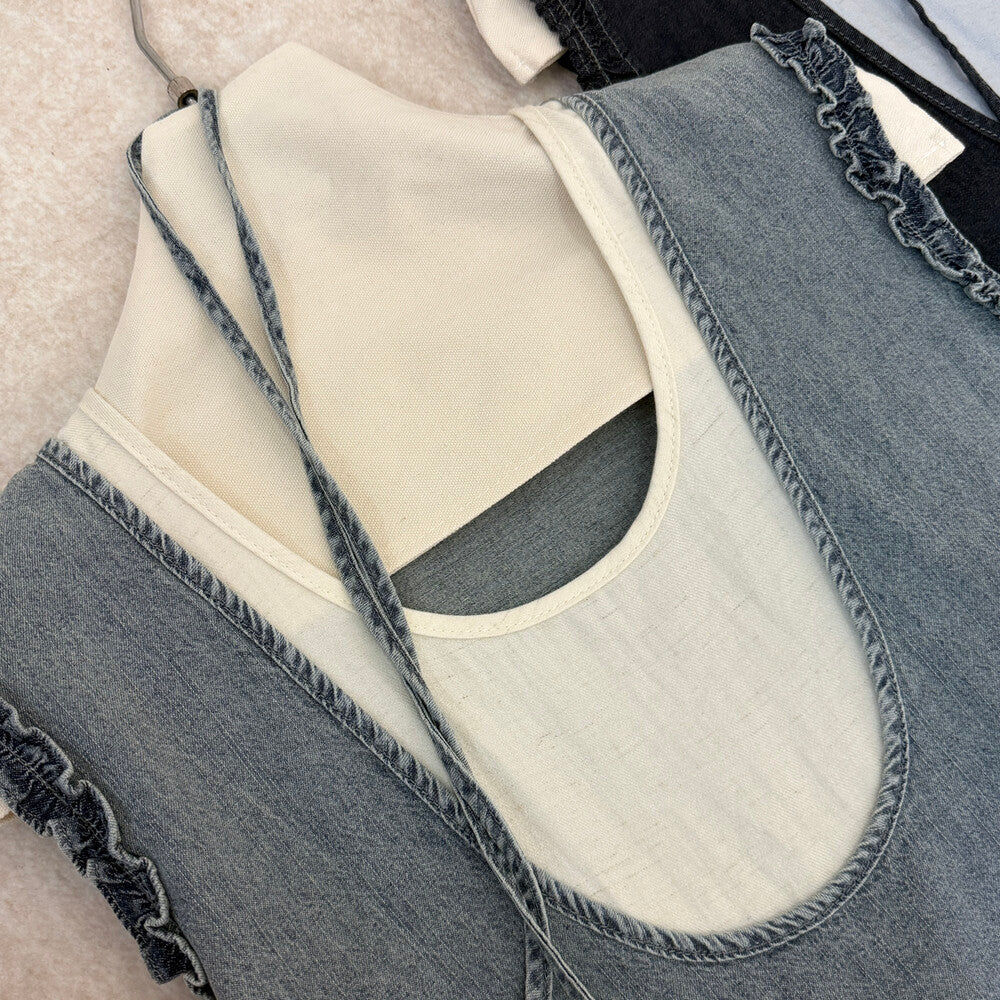 Faux Two Piece Denim Sleeveless Ruffle Trim A-Line Midi Dress 6