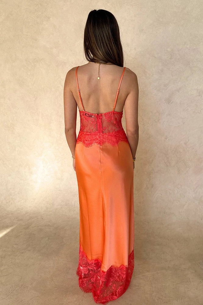 Low Plunge Lace Insert Open Back Lace Dress