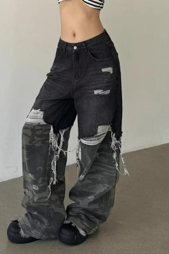Camouflage Patchwork Baggy Wide-Leg Jeans