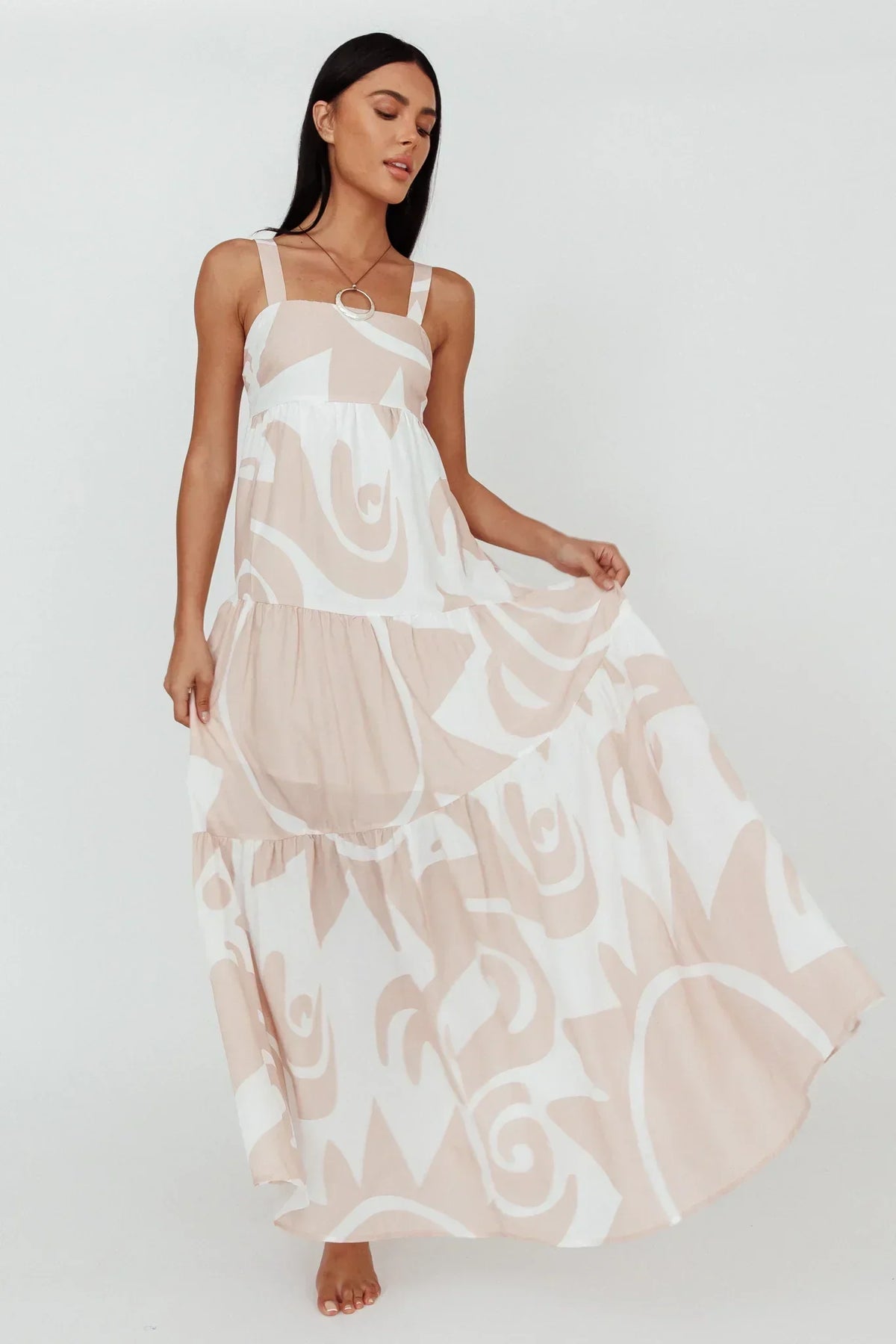 Abstract Print Square Neck Cami Tiered Maxi Dress 5