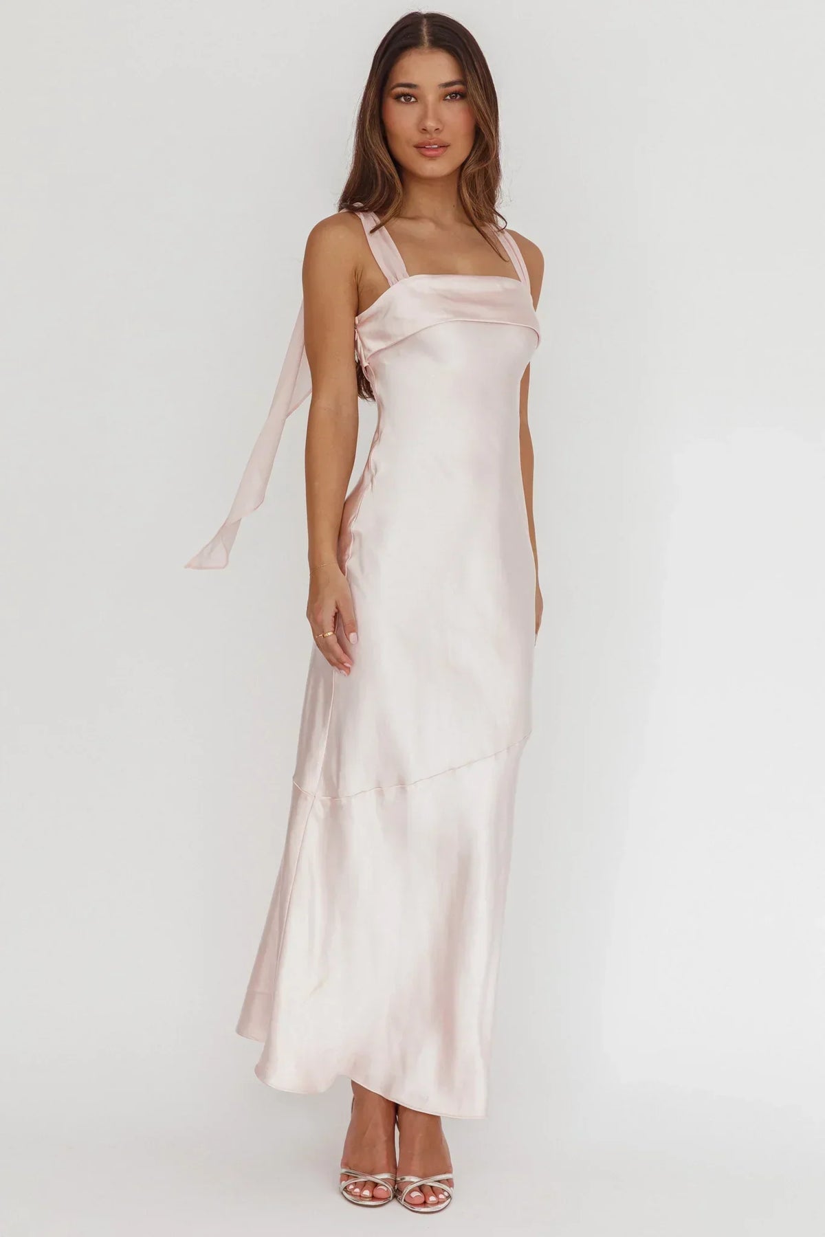 Satin Fold Over Neckline Wide Strap Bias Cut Midi Dress 4