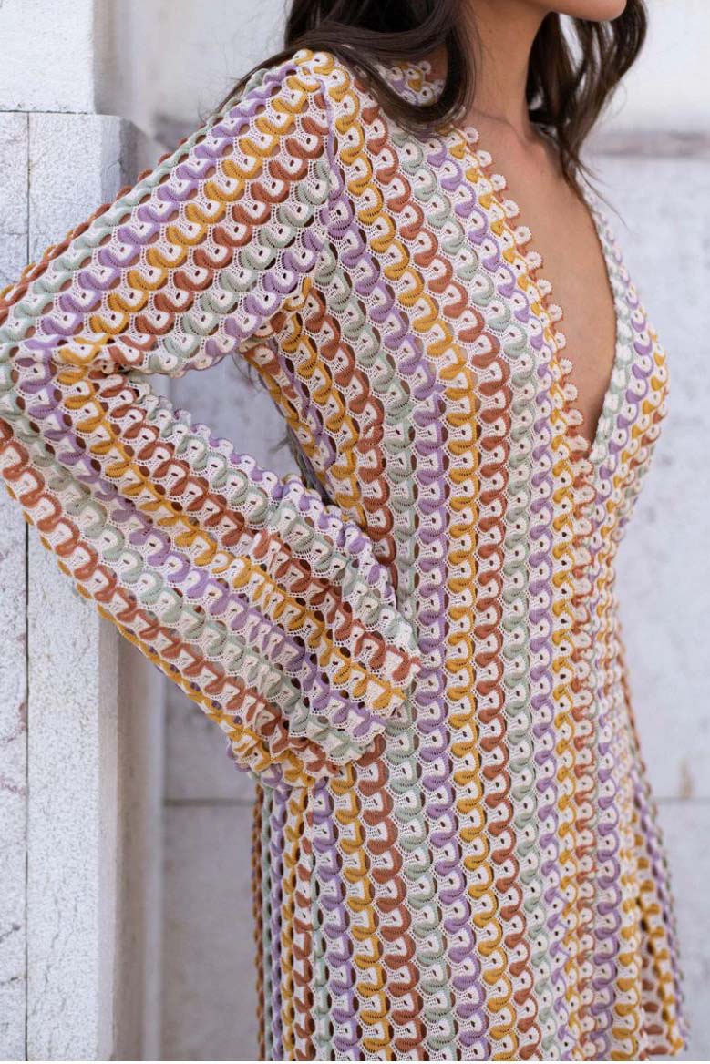Crochet Deep V-Neck Long Sleeve Striped Boho Maxi Dress