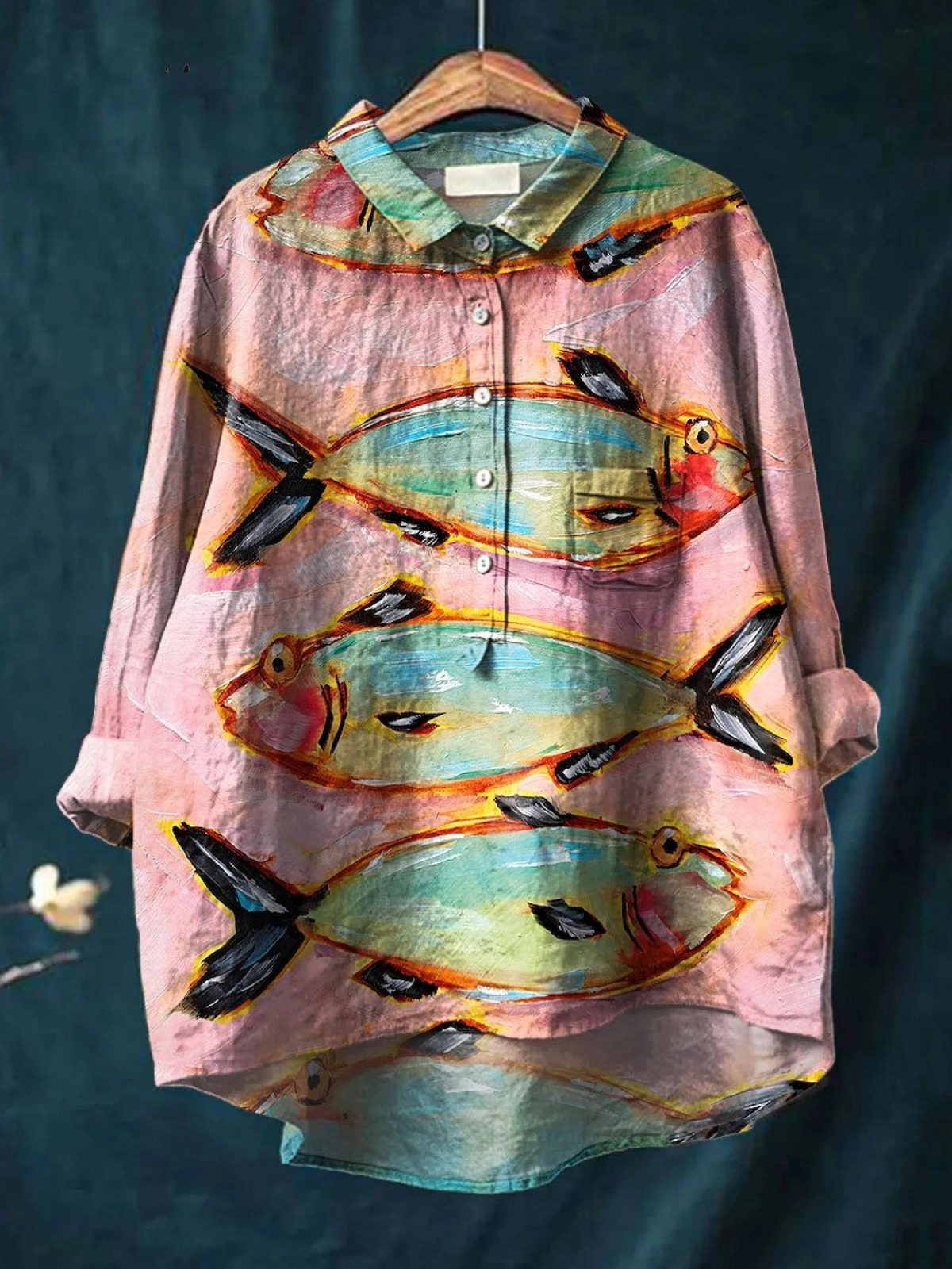 Fish Art Print Collared Long Sleeve Button Up Shirt