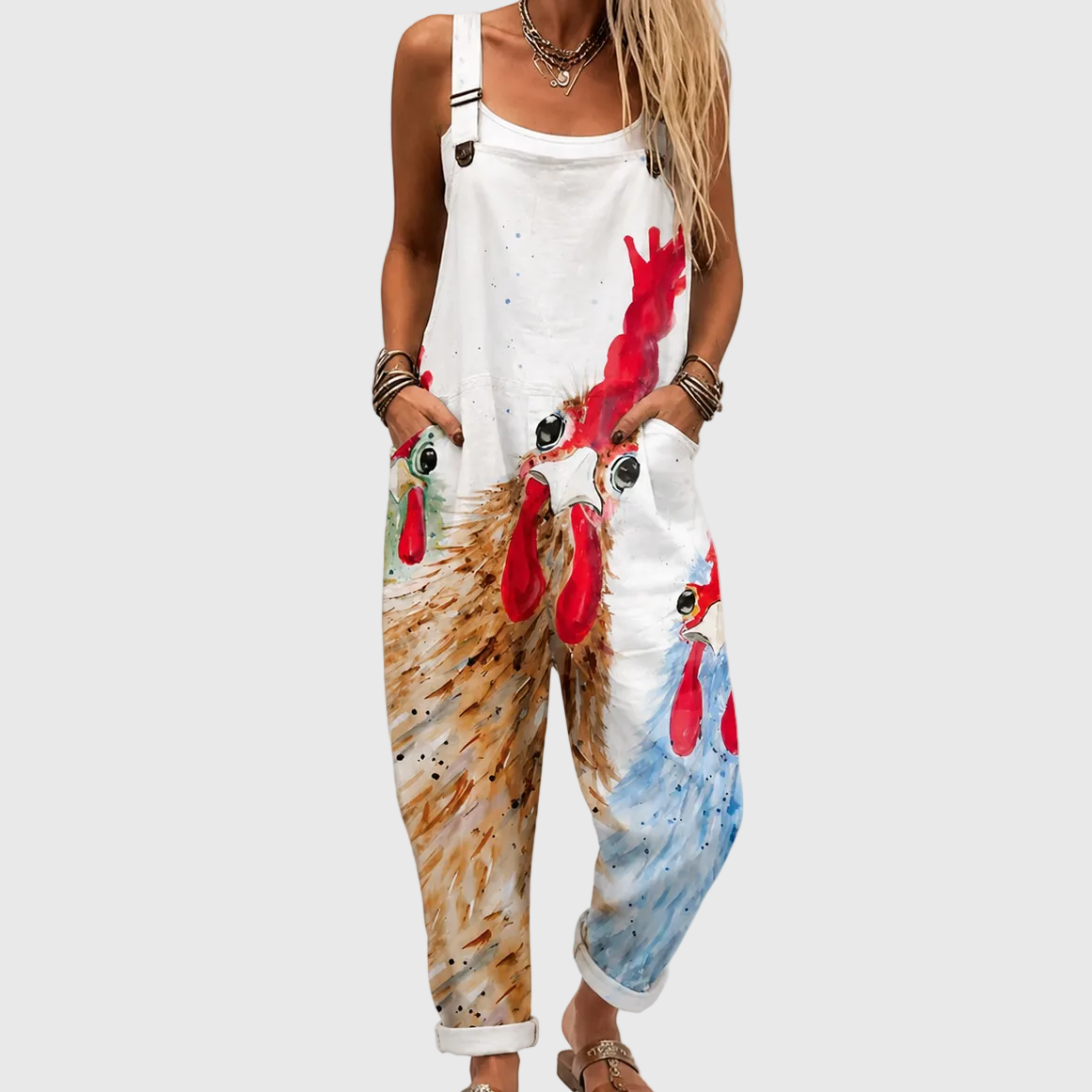 Rooster Print Sleeveless Pocket Overall Jumpsuit