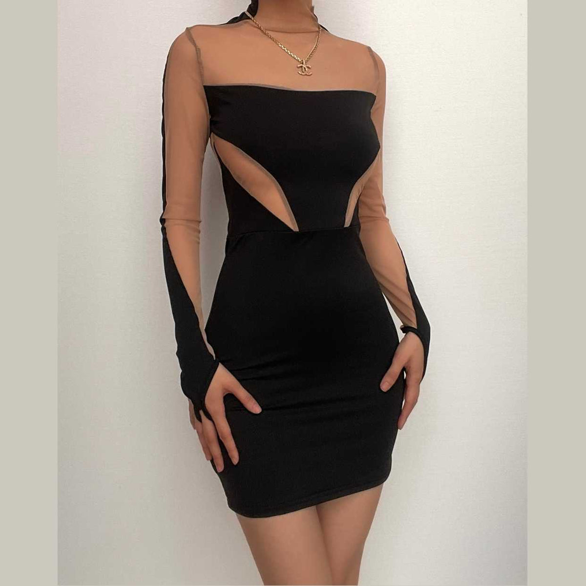 Contrast Mesh Panel High Neck Glove Sleeve Bodycon Mini Dress