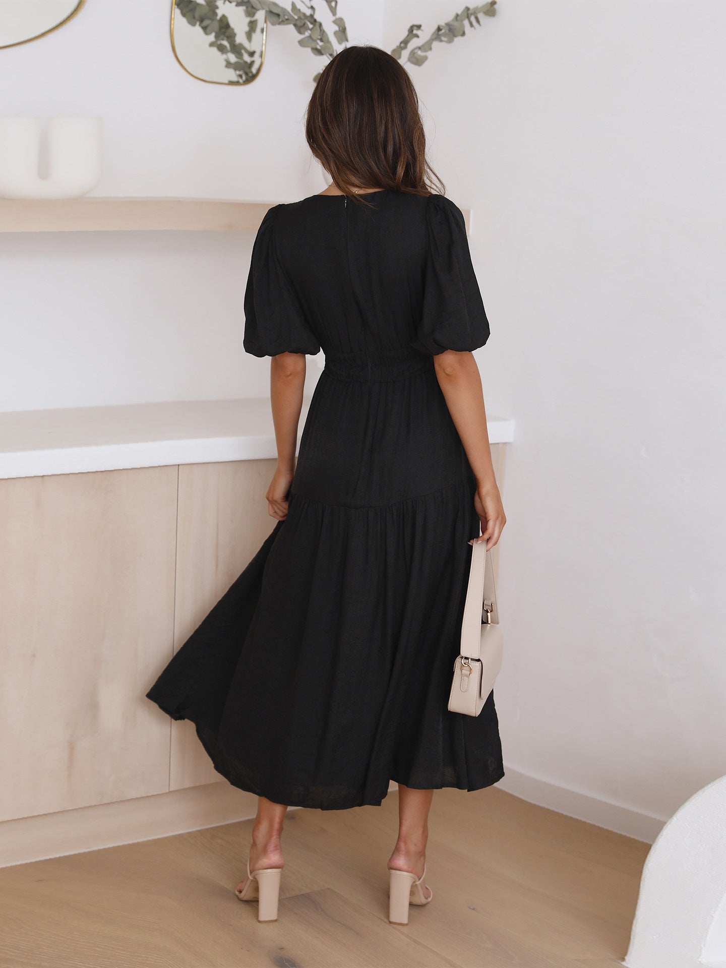 Nancy Chic V Neck Dress with Puff Sleeves Silhouette Collection