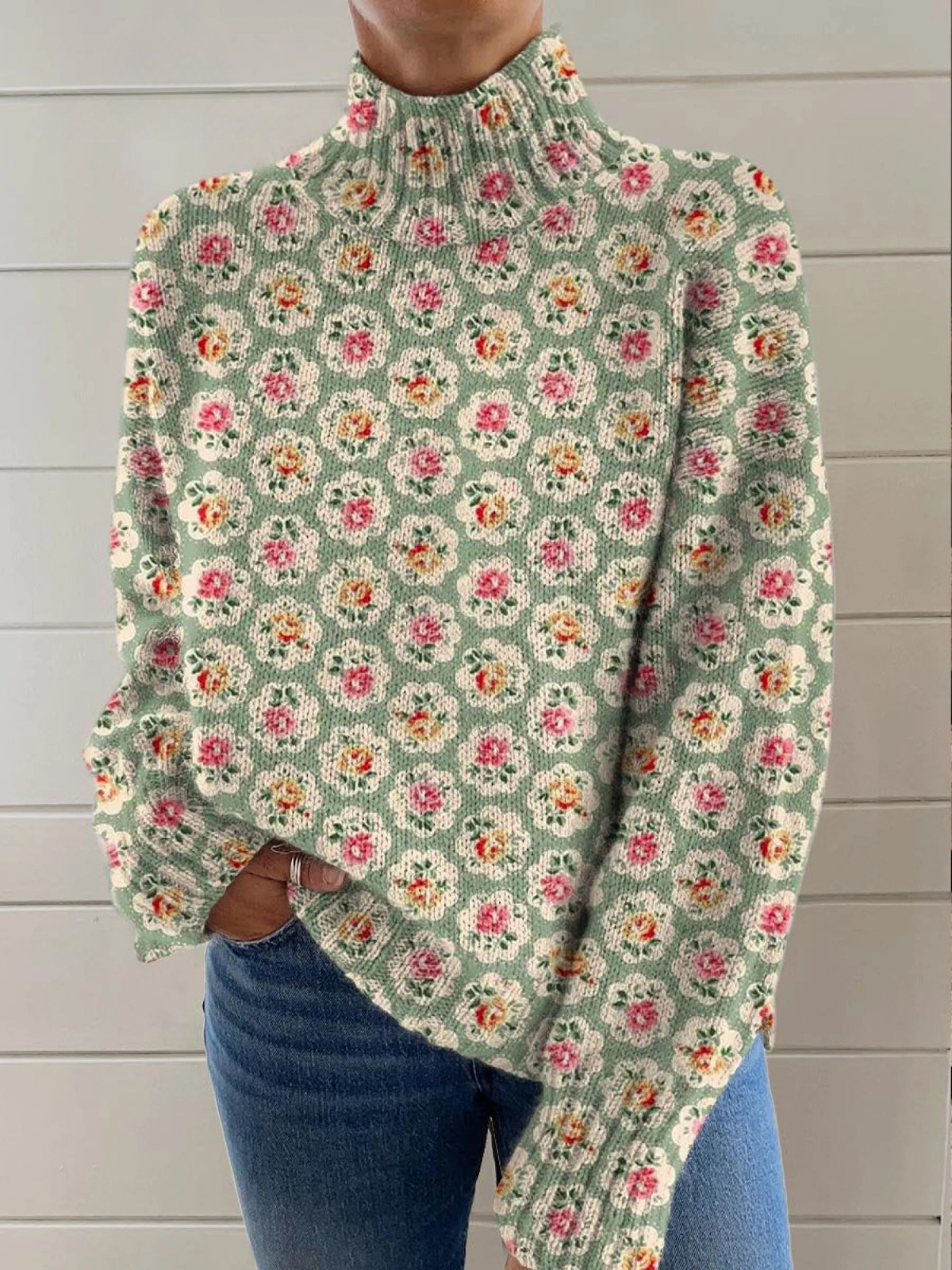 Mock Neck Long Sleeve Floral Print Knit Sweater
