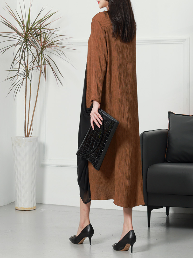 V-Neck Long Sleeve Chiffon Layered Loose Midi Dress
