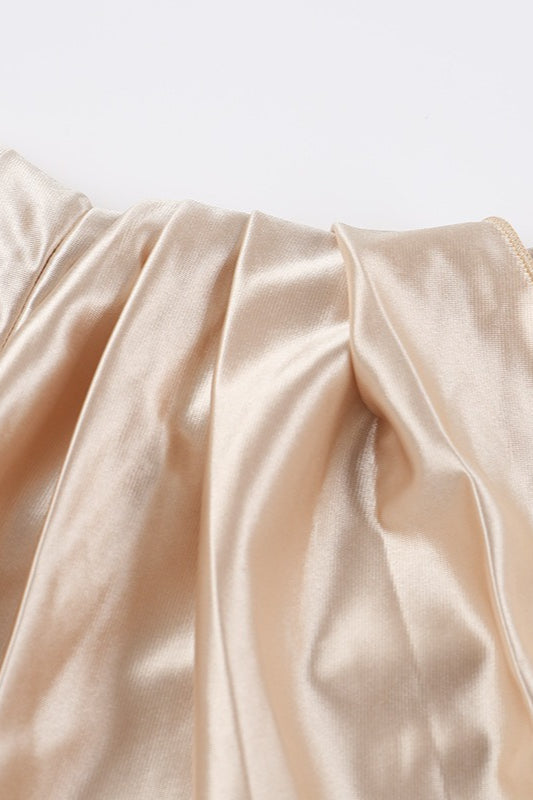 Satin Asymmetric Off Shoulder Ruched Draped High Split Maxi Party Gown