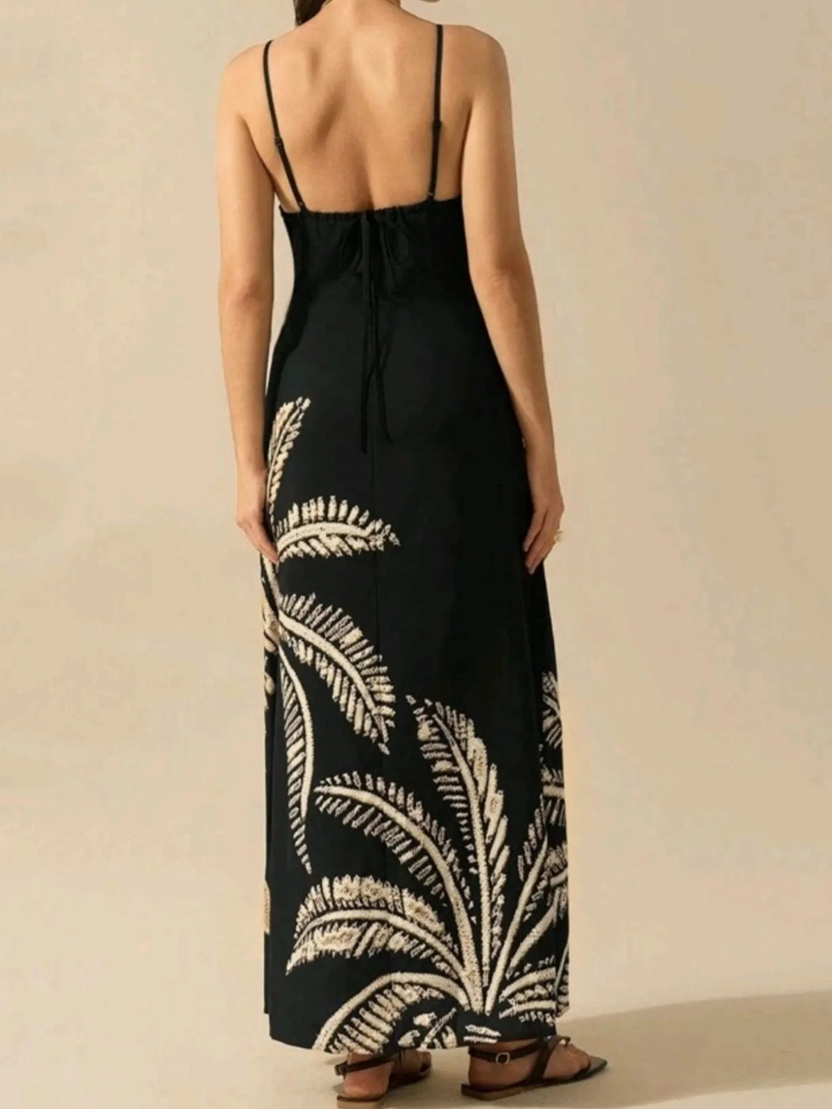 Palm Leaf Print Halter Neck Sleeveless A-Line Maxi Dress 2