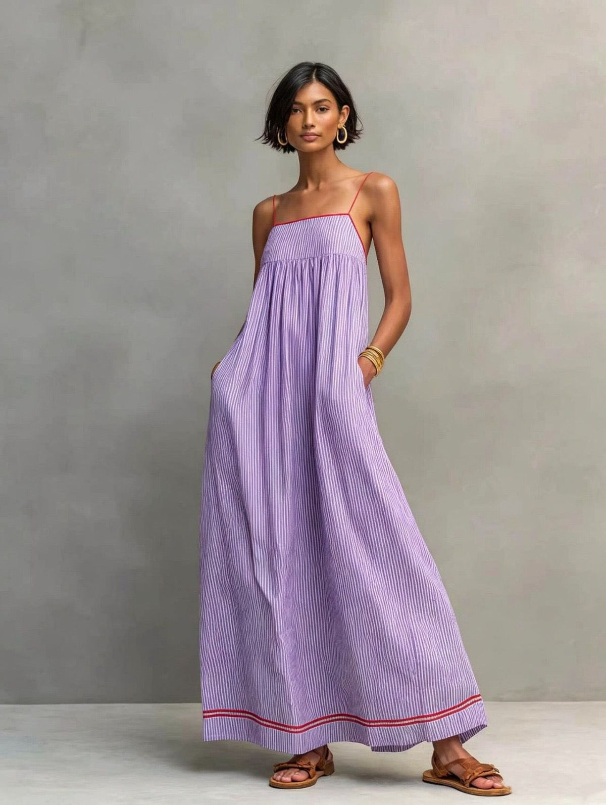 Pinstripe Square Neck Spaghetti Strap Contrast Trim Maxi Dress