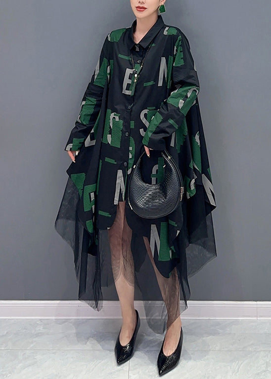 Letter Print Collared Button Down Long Sleeve Tulle Asymmetric Hem Shirt Dress