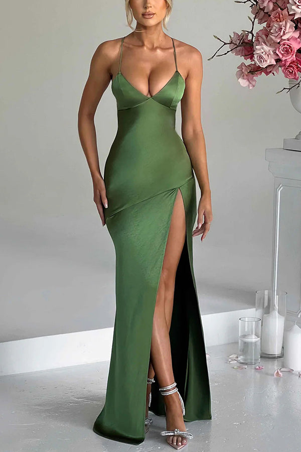 Satin V-Neck Spaghetti Strap High Split Bodycon Maxi Dress