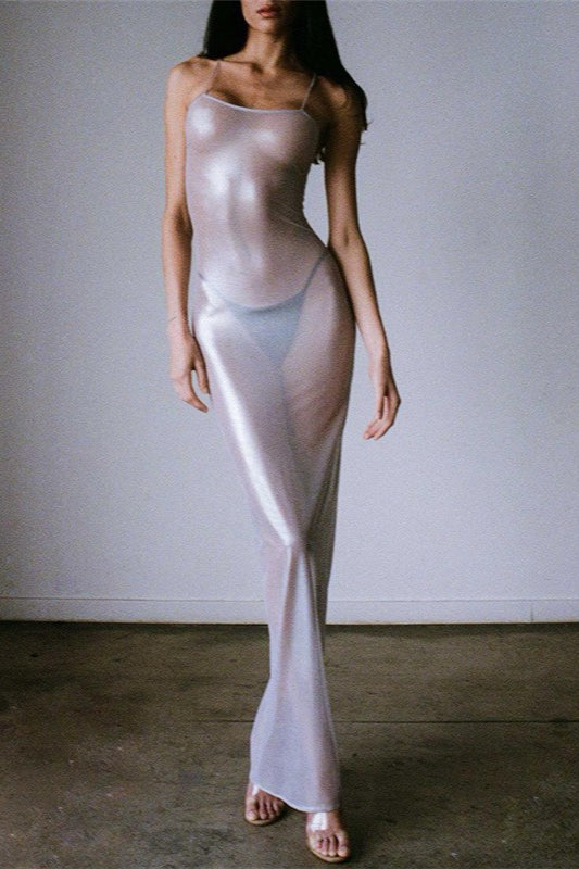 Spaghetti Strap Sheer Shimmer Bodycon Slip Maxi Dress