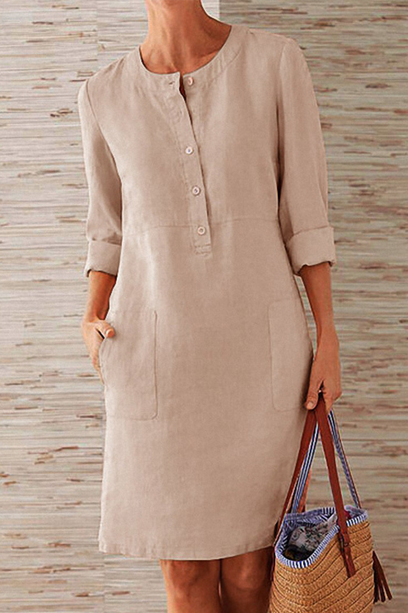 Round Neck Partial Button Patch Pocket Three Quarter Sleeve Shift Dress