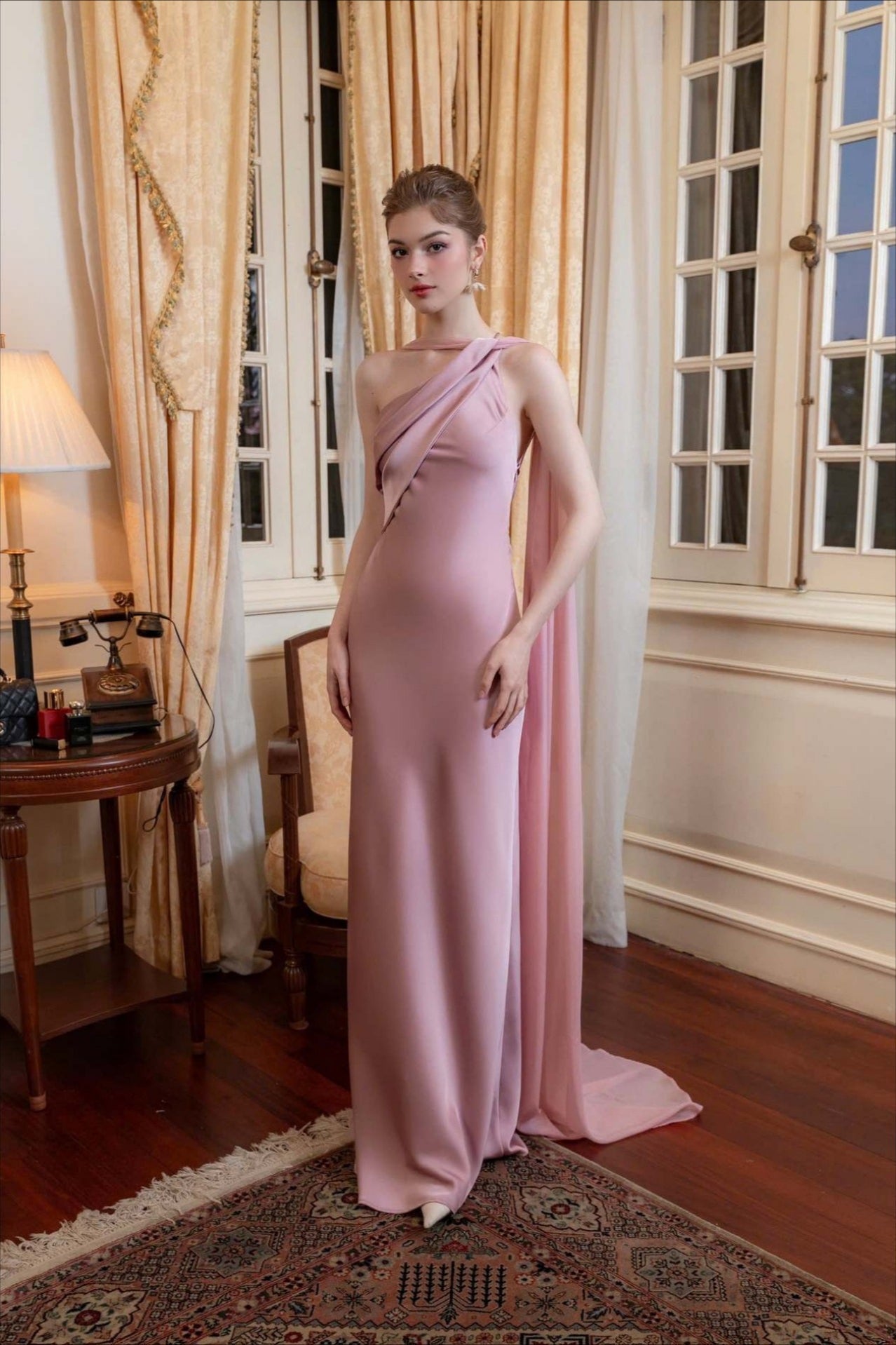 Satin One Shoulder Draped Cape Sheath Gown