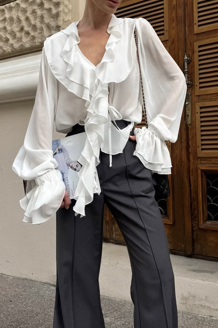 Deep V-Neck Cascading Ruffle Front Flare Sleeve Chiffon Blouse 5