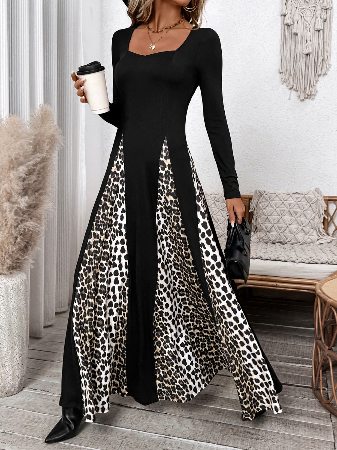 Leopard Print Godet Panel Square Neck Long Sleeve Flowy Maxi Dress