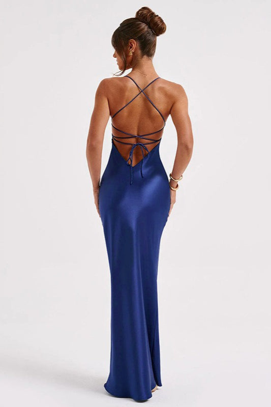 Backless Lace-Up Silk Dress in Black - View 8