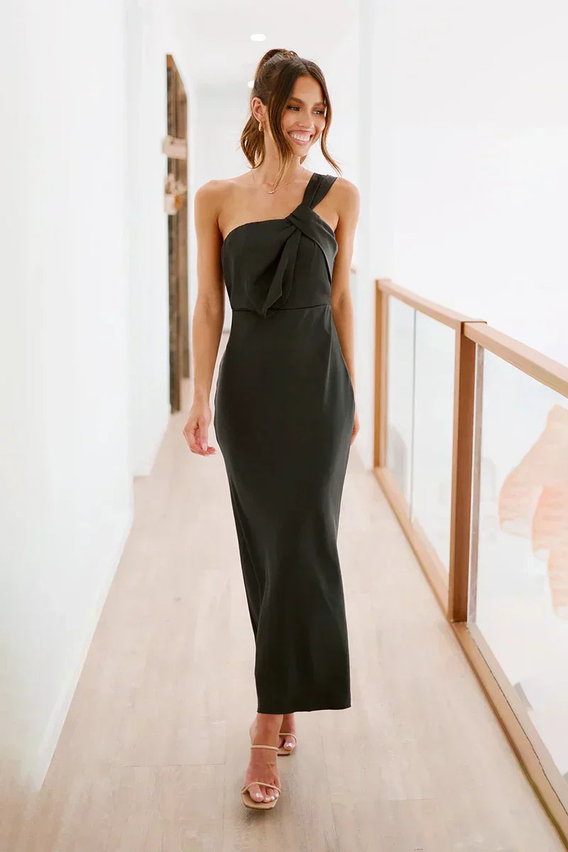 Crepe One Shoulder Knot Twist Mermaid Maxi Gown