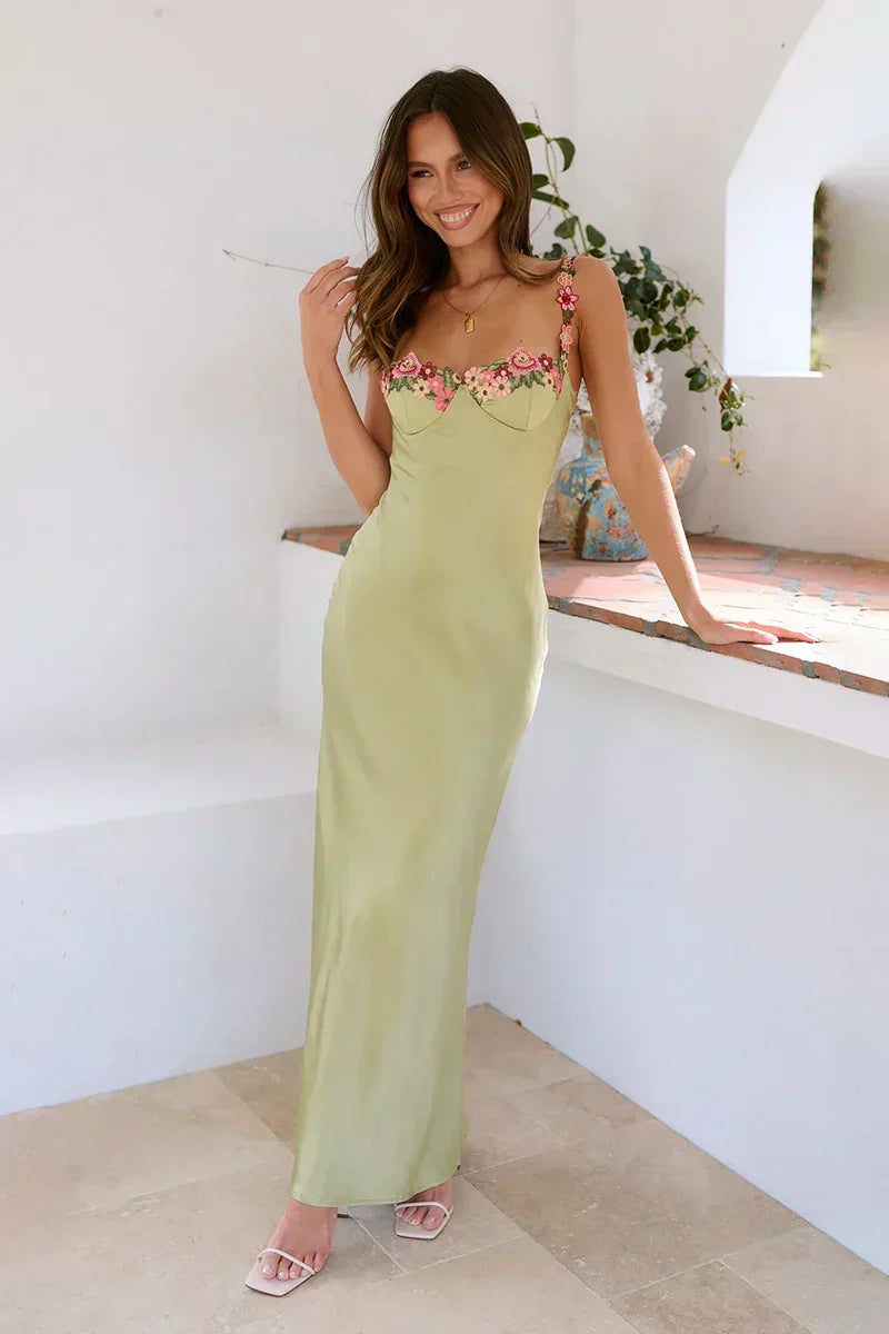 Floral Embroidered Spaghetti Strap Satin Column Back Slit Maxi Gown - View 5