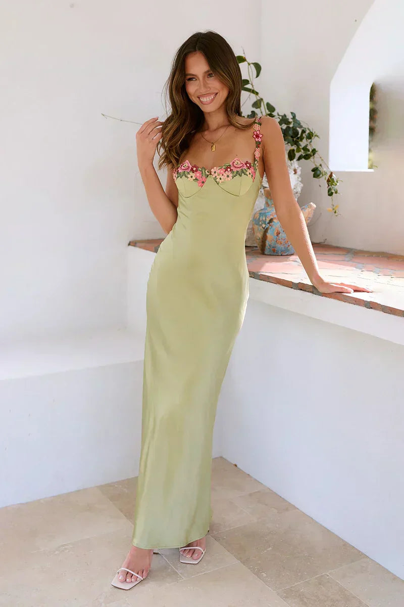 Satin Spaghetti Strap Floral Embroidery Low Back Zip Slit Maxi Gown