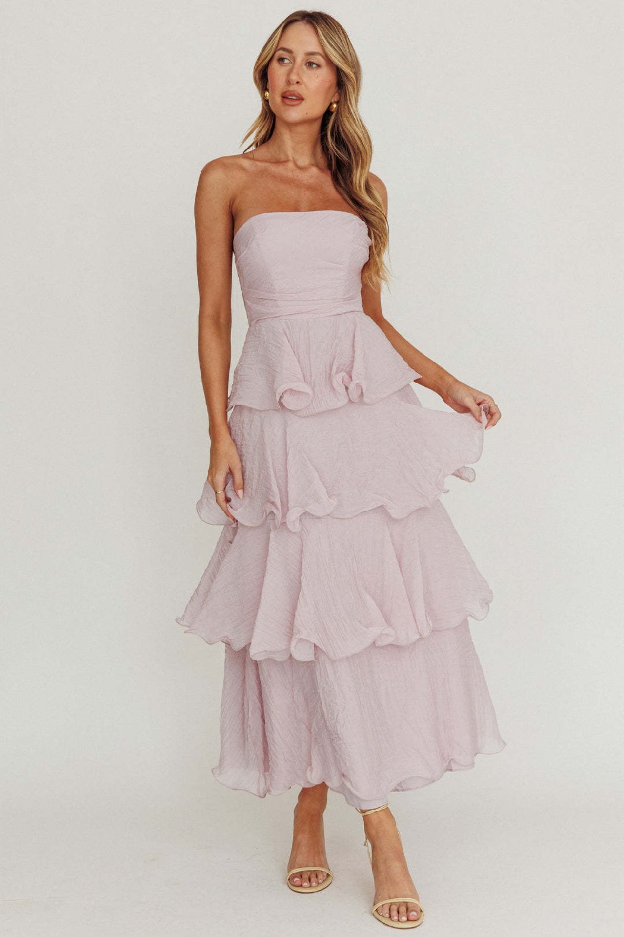 Strapless Tiered Ruffle Fit and Flare Midi Dress