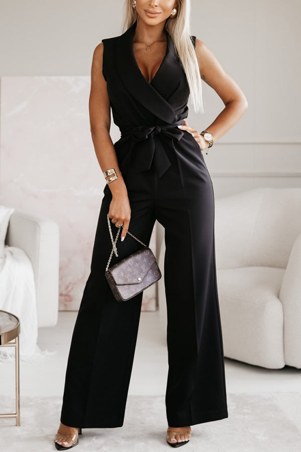 Lapel Collar Sleeveless Belted Wide Leg Formal Jumpsuit