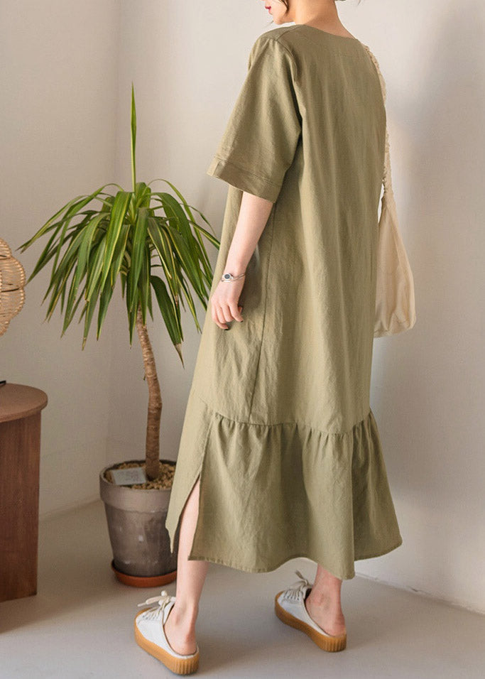 V-Neck Short Sleeve Side Slit Paneled Seam Loose Midi Dress