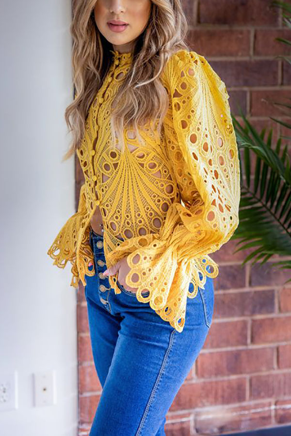Hollow Lace Button Up Top
