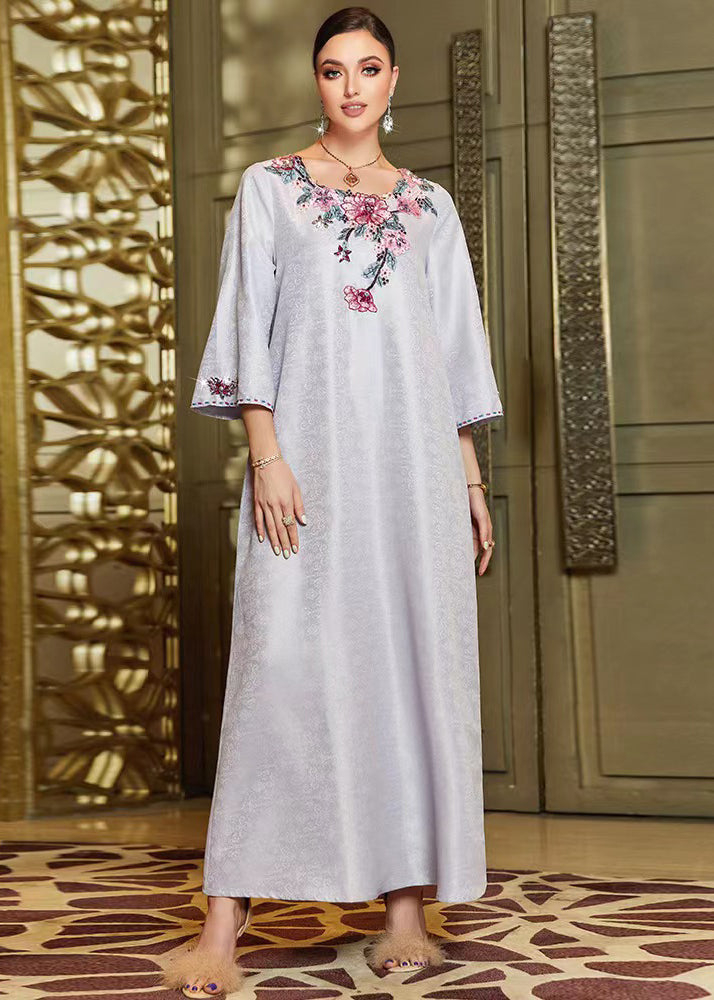 Jacquard Floral Embroidery Round Neck Bell Sleeve Kaftan Maxi Dress