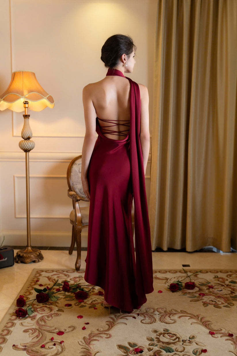 Satin Halter Neck Backless Bias Cut Slip Maxi Dress