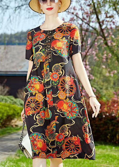 Lace Panel Round Neck Short Sleeve Empire Waist Ornate Print Midi Dress