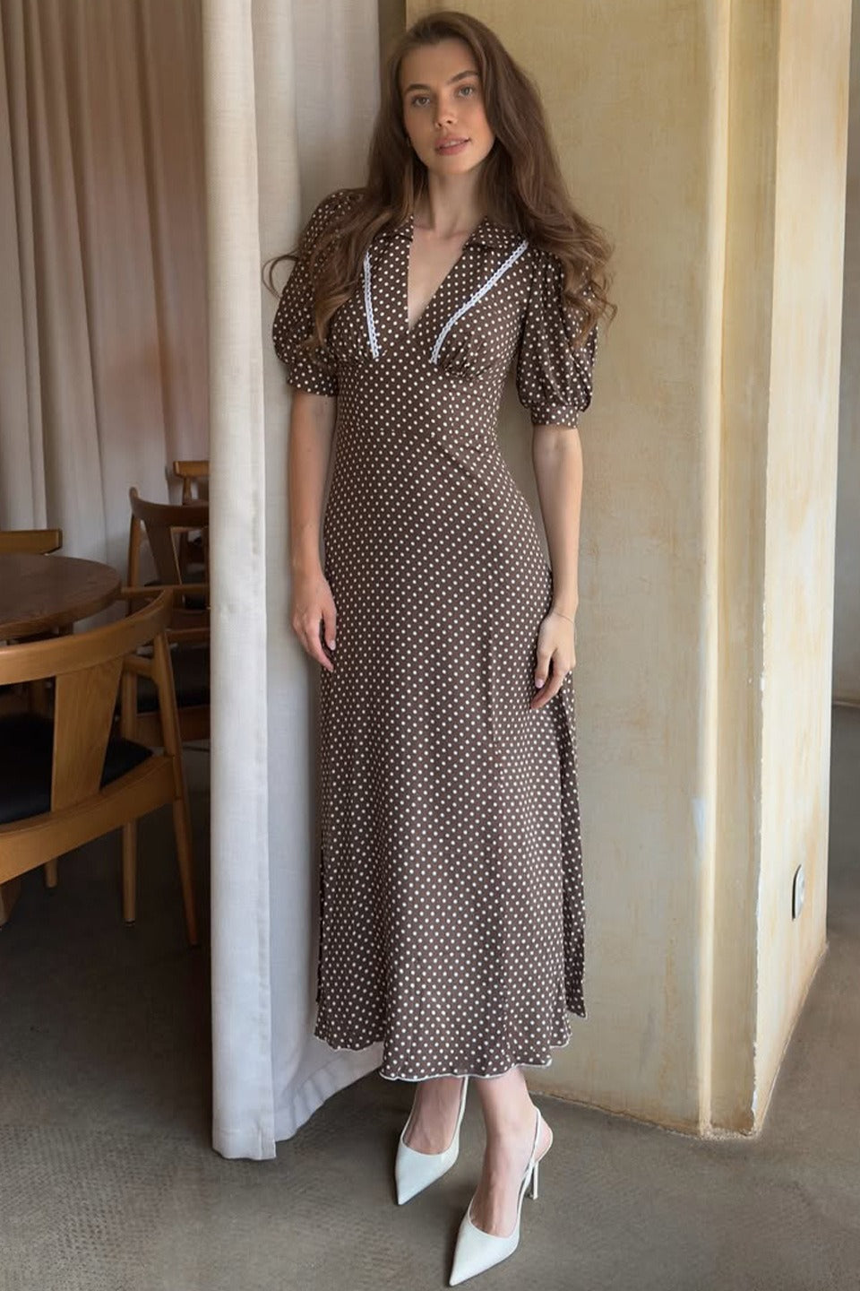 Polka Dot V-Neck Puff Sleeve Bodycon Maxi Dress