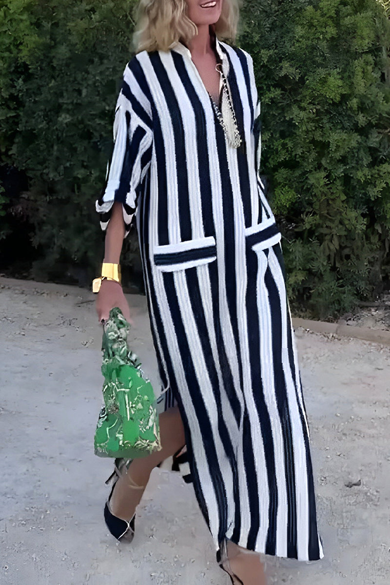 Stripe Print V-Neck Stand Collar Patch Pocket High Split Maxi Dress