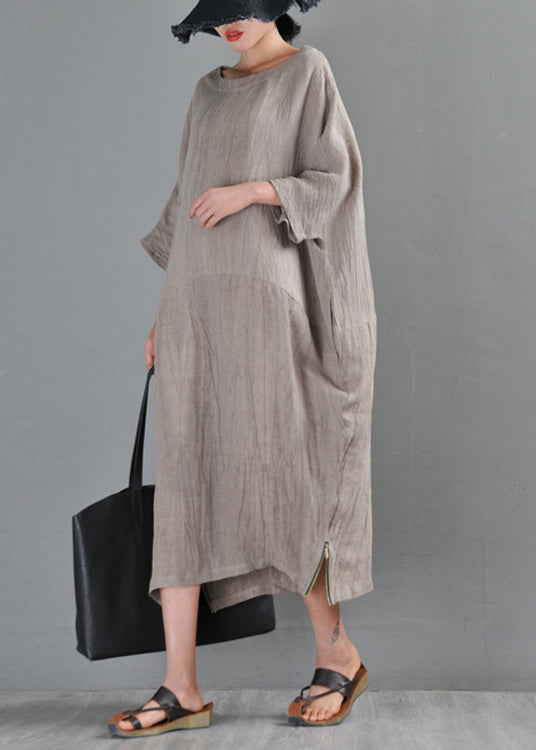 Textured Round Neck Three-Quarter Sleeve Side Zip Hem Oversized Midi Dress