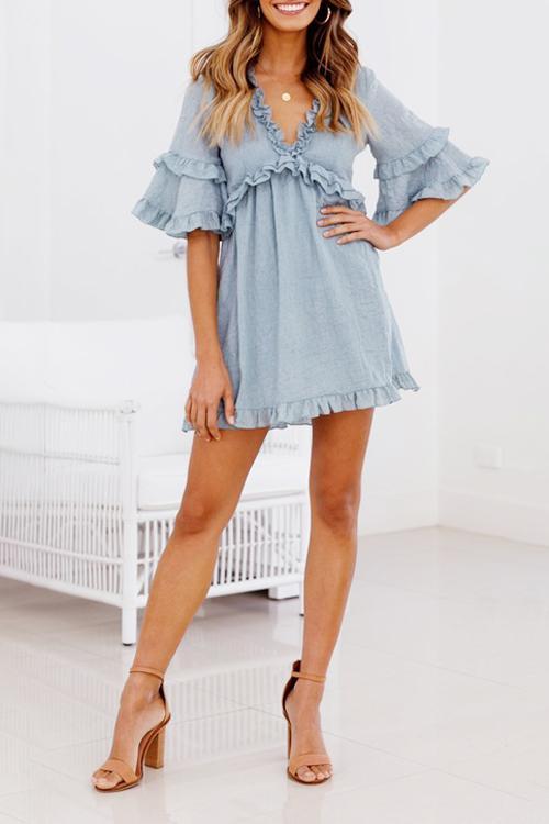 Ruffled Lace-up V-neck Dress