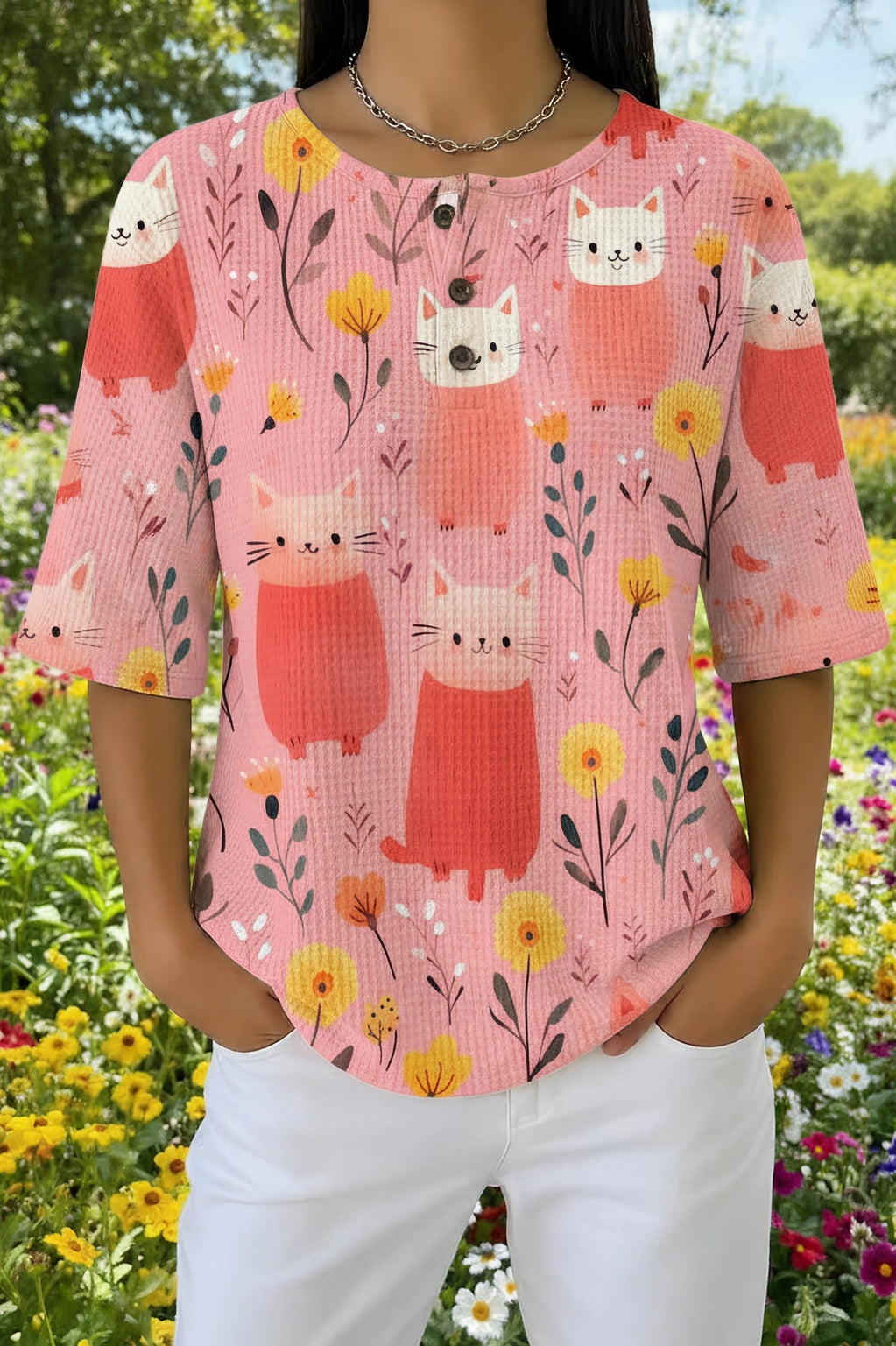 Womens Pink Floral Cat Print Casual Shirt