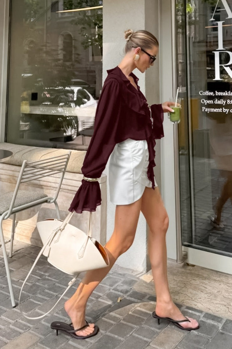 V-Neck Cascading Ruffle Front Flare Sleeve Sheer Chiffon Blouse 4