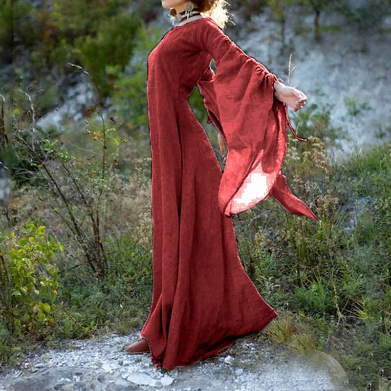 Bell Sleeve Scoop Neck Flowy Linen Look Maxi Dress