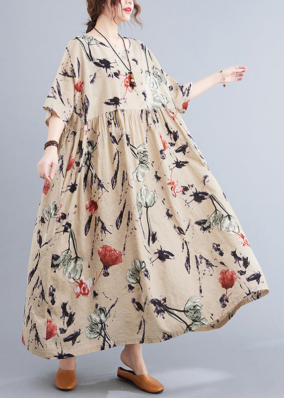 Floral Print Round Neck Elbow Sleeve Empire Waist Oversized Maxi Dress