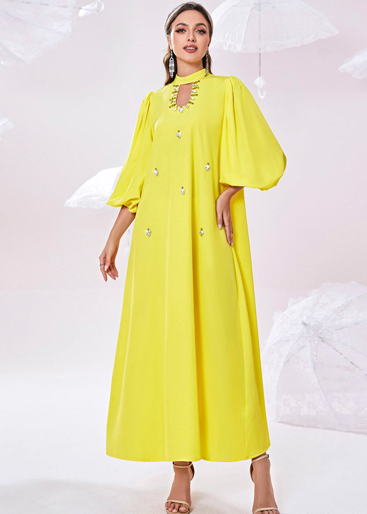 Rhinestone Mock Neck Cut Out Puff Sleeve Maxi Dress