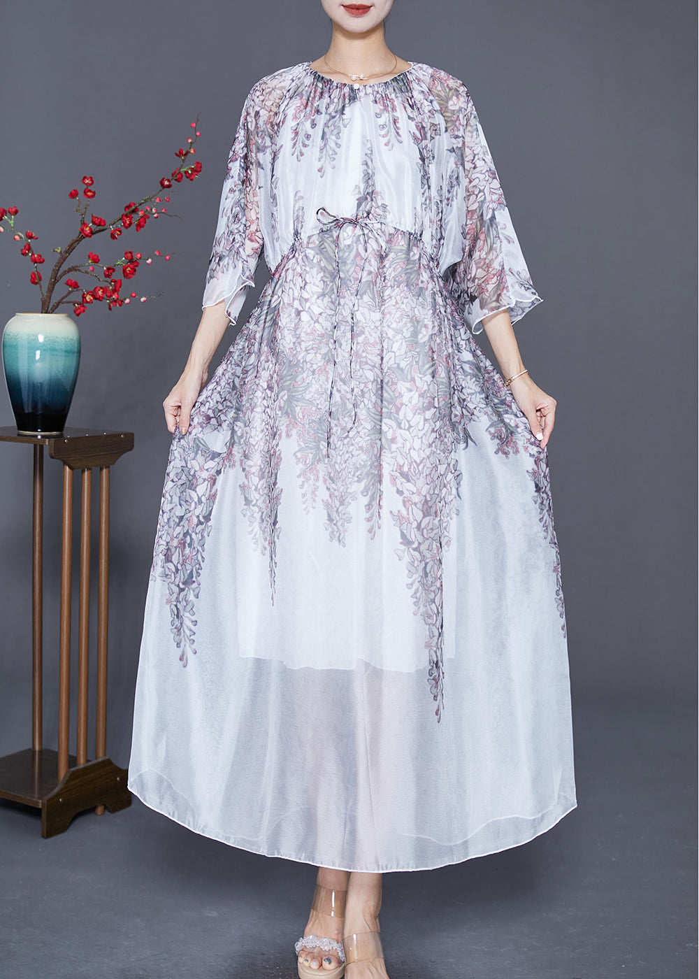 Wisteria Floral Print Sheer Chiffon Three Quarter Sleeve Drawstring Waist Maxi Dress