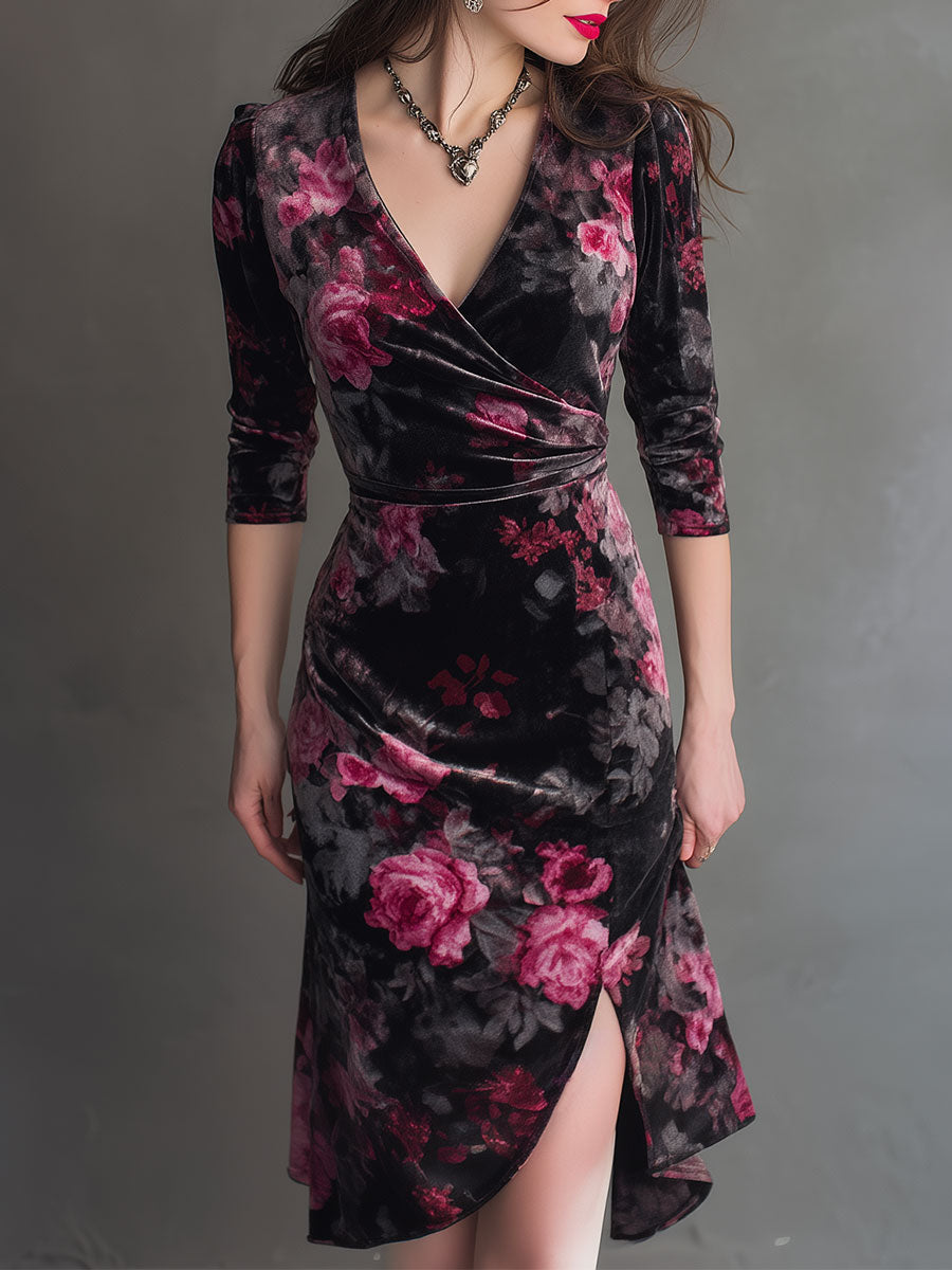 Elegant Velvet Rose Print Slit Hem Midi Dress