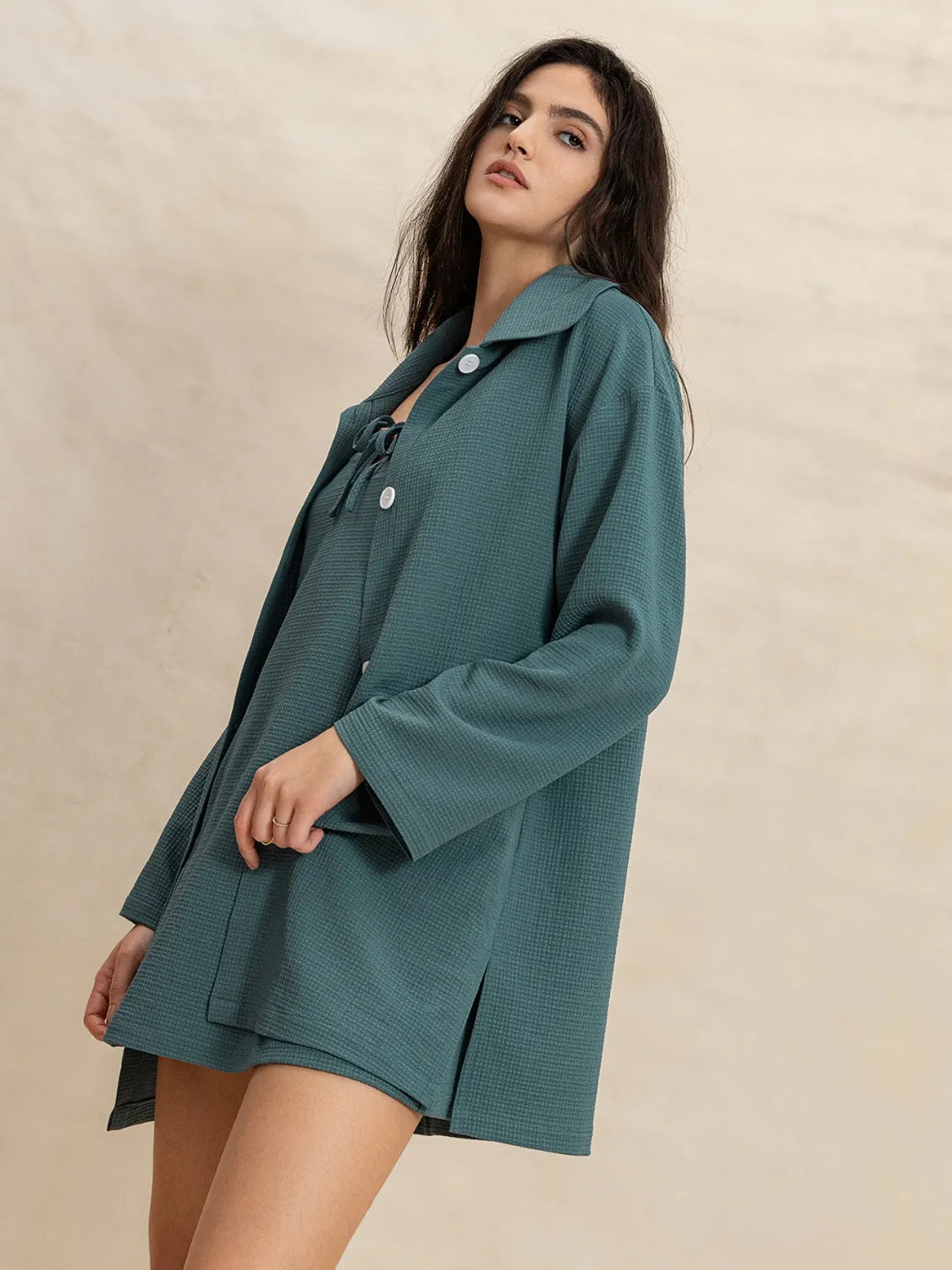 Tie Front Cami Mini Dress and Button Up Shirt Two Piece Set 7