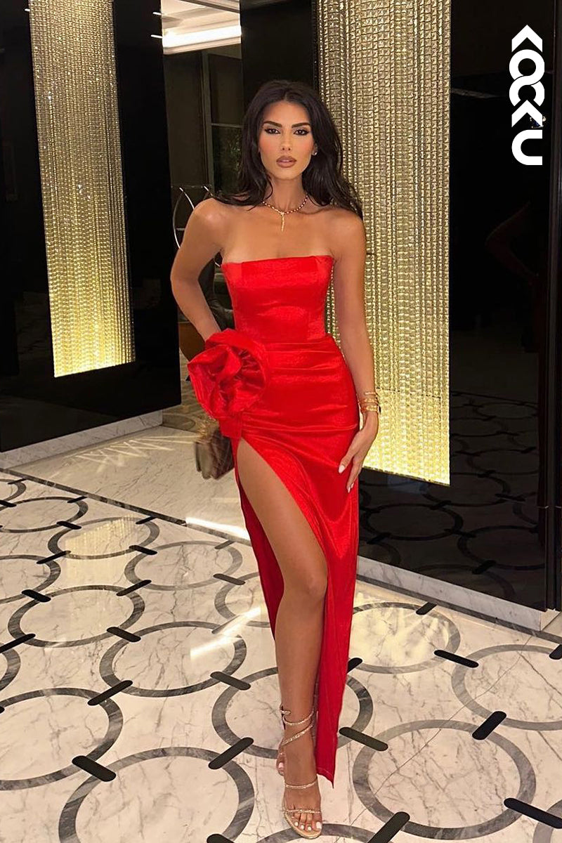 L2882 - Chic & Modern Off-Shoulder Sleeveless Side Slit Evening Party Prom Dress With Flower