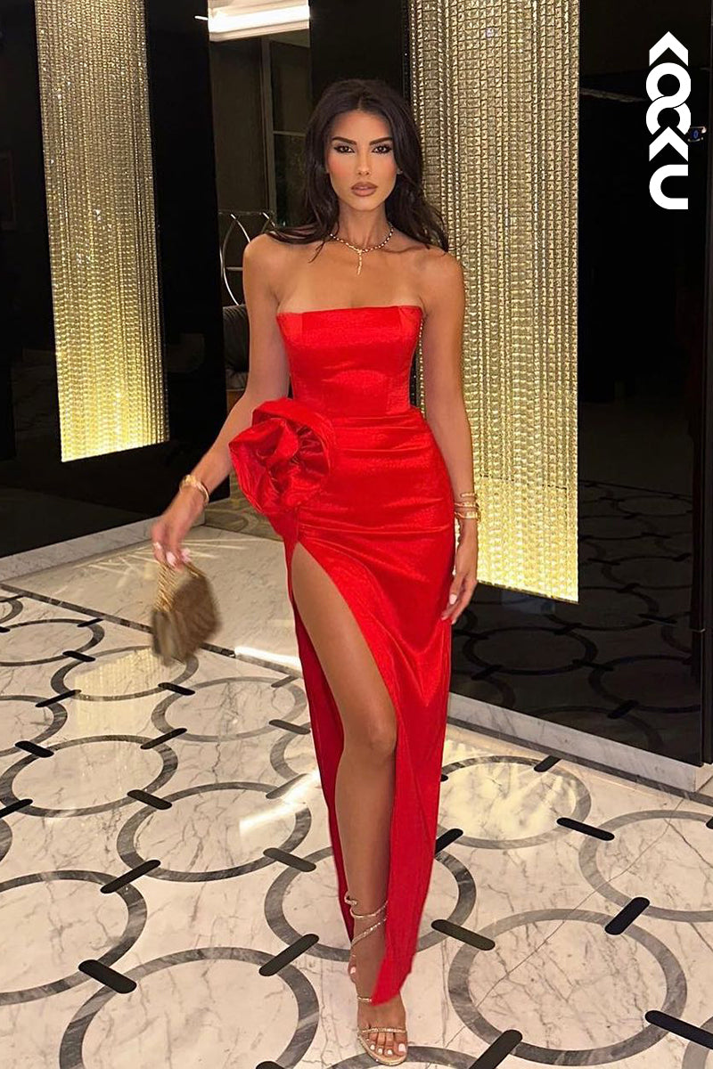 L2882 - Chic & Modern Off-Shoulder Sleeveless Side Slit Evening Party Prom Dress With Flower