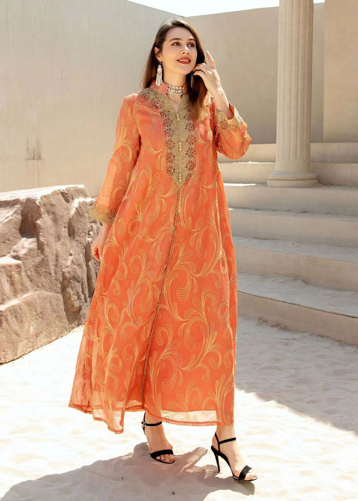 Embroidered Stand Collar Scroll Print Long Sleeve Maxi Dress